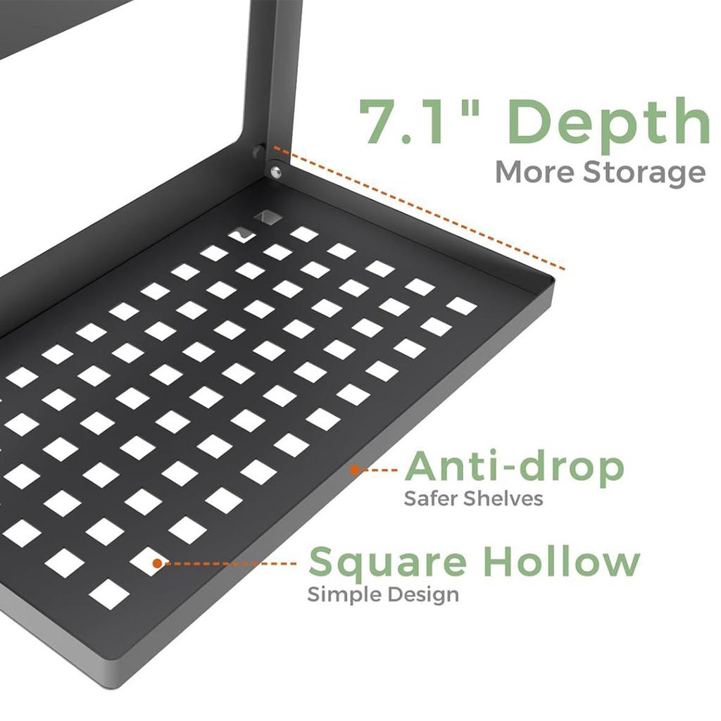 2-Tier Black Iron Floating Shelf Wall-Mounted Metal Shower Rack Foldable Stackable Anti-Drop Baffle for Bathroom Laundry Toilet