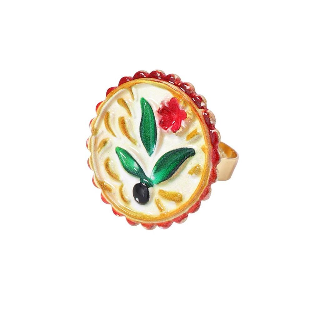 

Heart-shaped Vintage Metal Geometric Ring Pomegranate Printing Pastoral Flower Heart Ring Fashion Style C