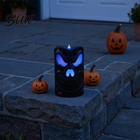 Haunted House Decoration Light Flameless Halloween Candle with LED Light Ghost Face Pumpkin Skull Design Outdoor Safe Battery Operated Indoor