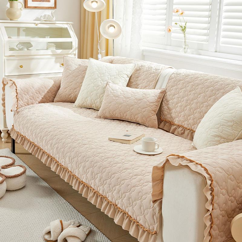 French Pleated Edge Short Plush Sofa Cushion Seasonal Universal Plush Solid Color Sofa Cover Winter Anti Slip Wear-resistant L-shaped Sofa Towel