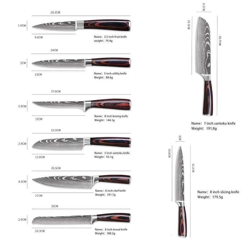 8Pcs/set Stainless Steel Damascus Pattern Chef Knives Set Kitchen Knife Set Butcher Boning Knife Vegetable Knives Cutter