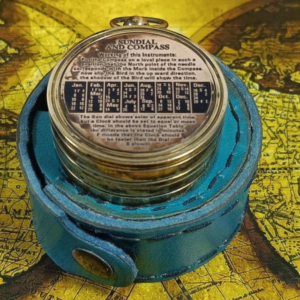 Vintage Brass Sundial Compass with Screw-On Lid - Antique Finish, Optional Chain & Leather Bag