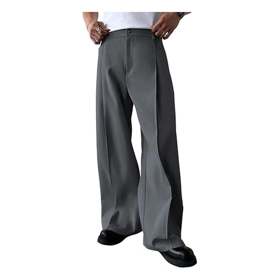 Men High Waist Pleated Wide Leg Dress Pants Straight Fit Casual Trousers
