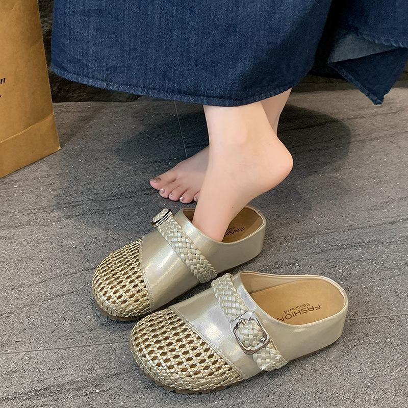 Woven hollow bag head half slippers women's summer outer wear 2025 new thick bottom inner height increase lazy one foot cool slippers