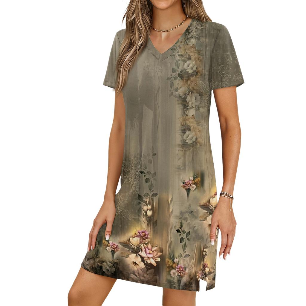Women's Casual V-neck Short Sleeve Split Hem Vintage Printed Dress