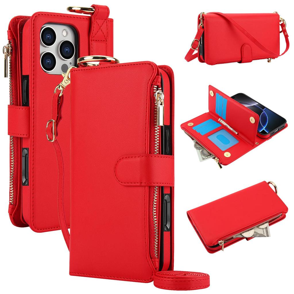 Etui Portfel Skórzany z Miejscami na Karty i Zamkiem Błyskawicznym Etui Klapka na Telefon dla IPhone 17 16 15 14 13 12 11 Pro Max Plus Promax 16e Pierścień Smycz Portmonetka