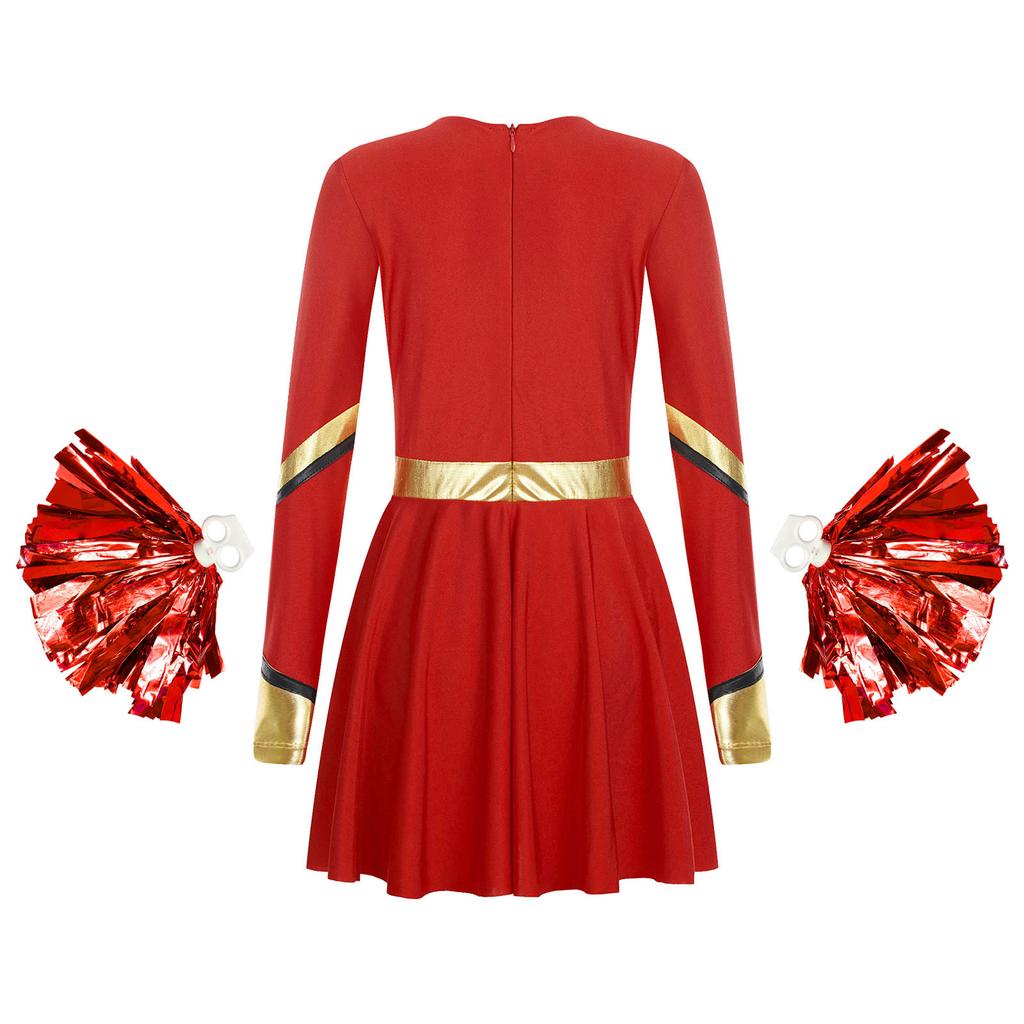 Girls Long Sleeve Cheerleading Costume Sparkly Rhinestones Letter Design Metallic Dress Hand Flowers Set