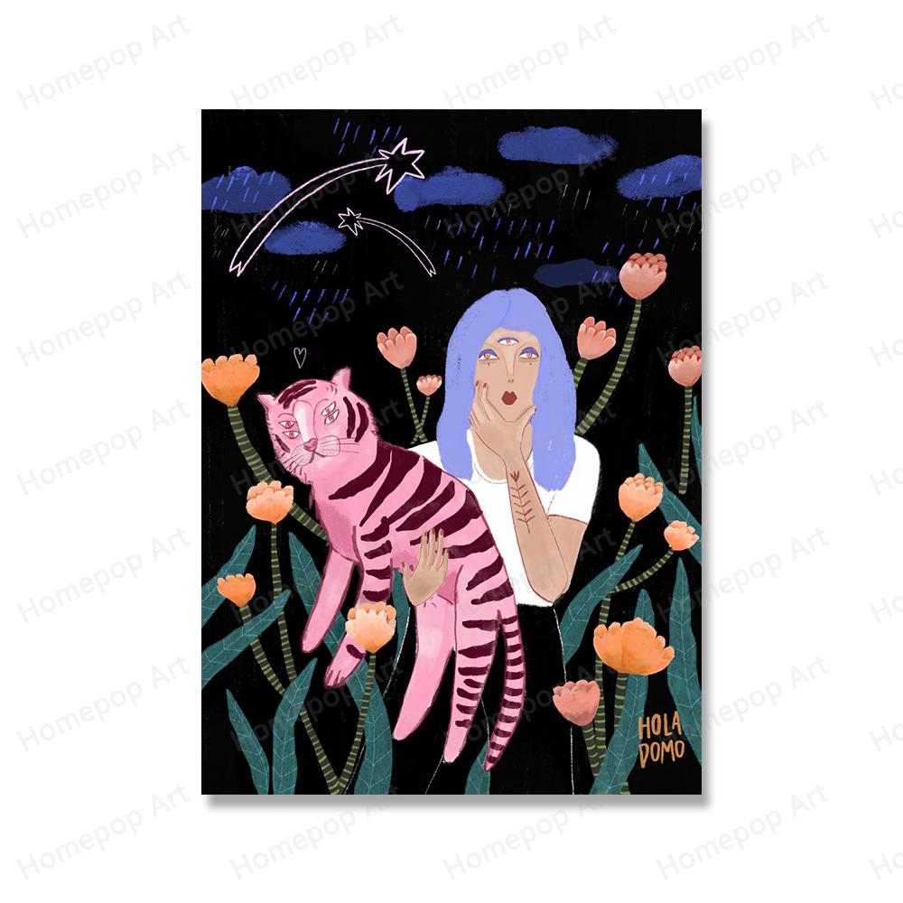 Colorful Abstract Tiger Flower Wall Art Canvas Painting Nordic Girl Eyes Botanical Posters and Prints Pictures Living Room Decor