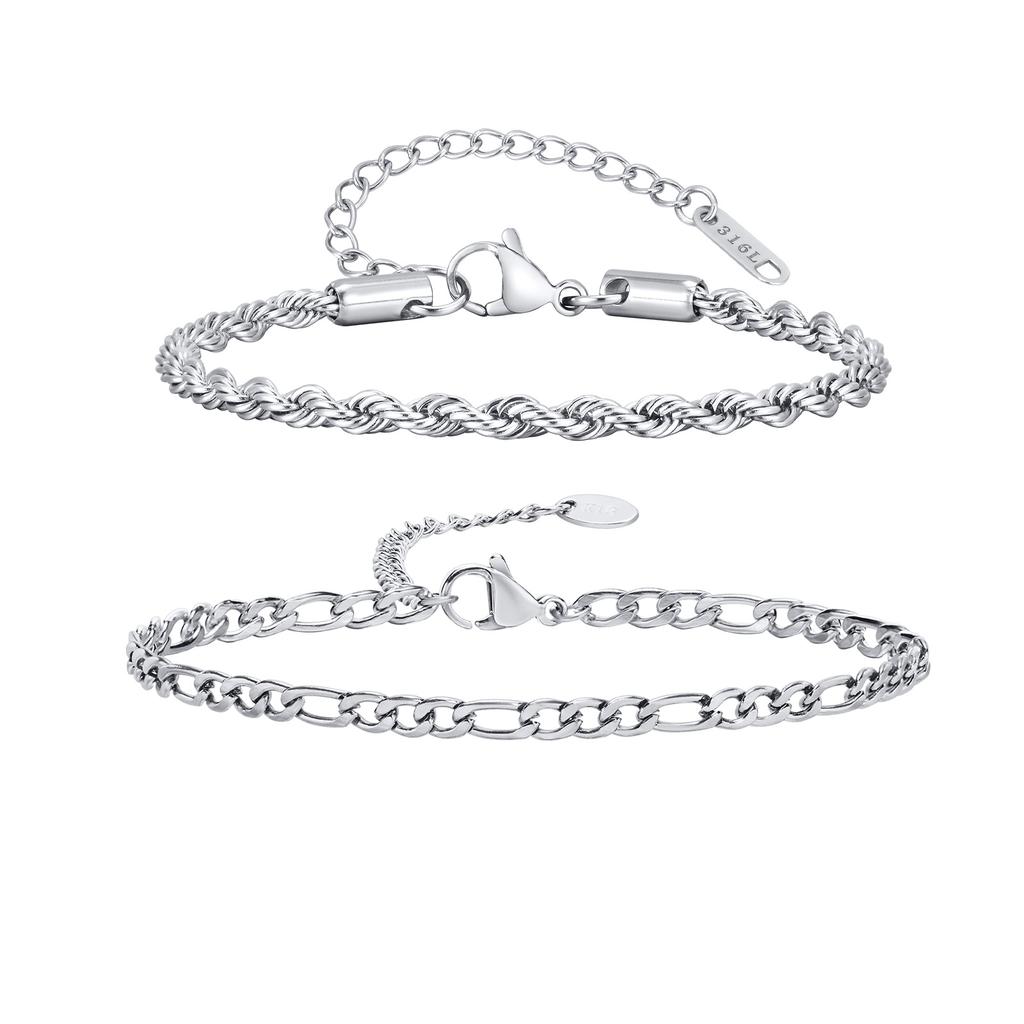 2pcs Men's Flat Chain Bracelet,Silver Color Stainless Steel Adjustable Wristband,Minimalist Unisex Jewelry Gift