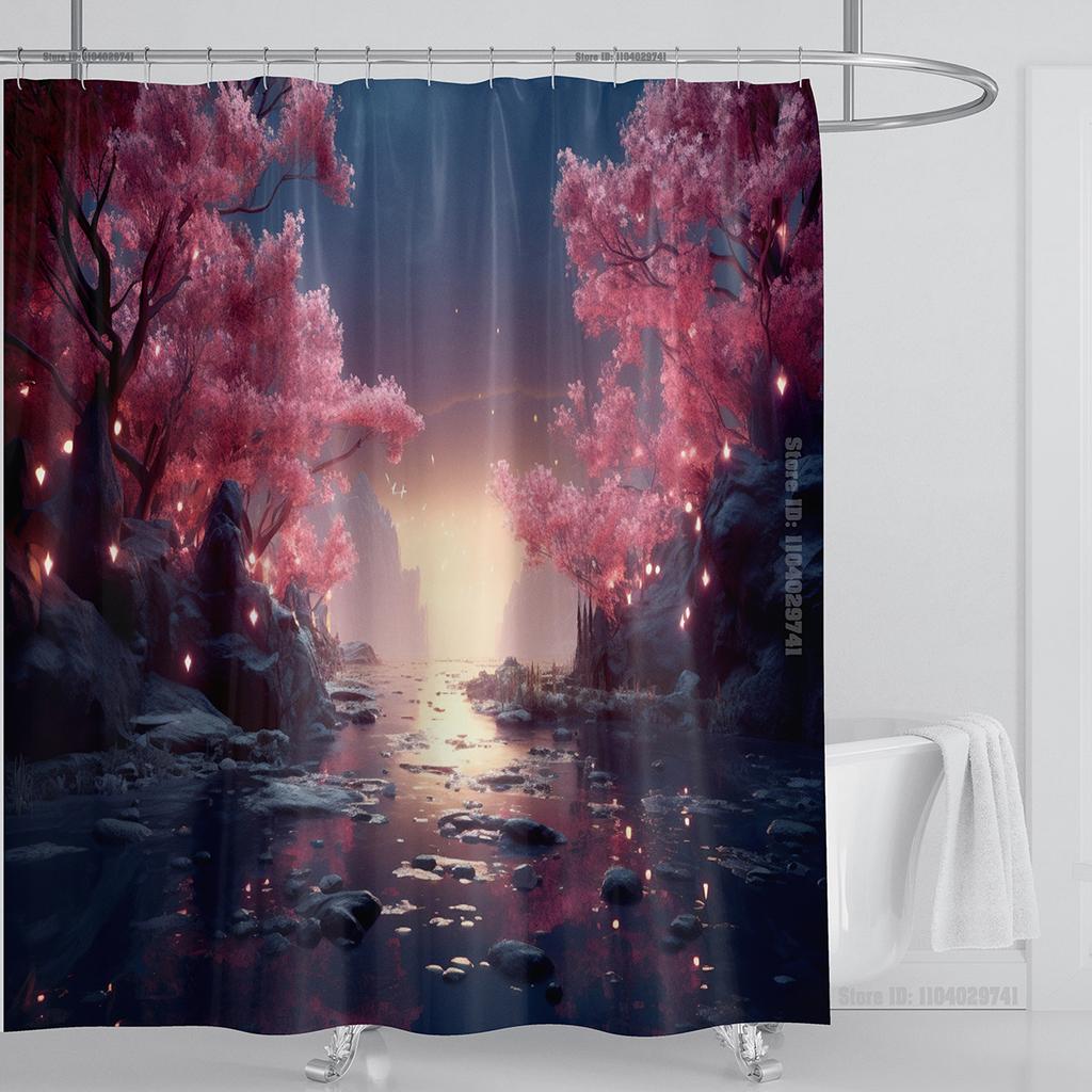 Illustration Japanese Chinese Style Art Print Polyester Washable Waterproof Shower Curtain Bathroom Decoration Bathtub With Hook