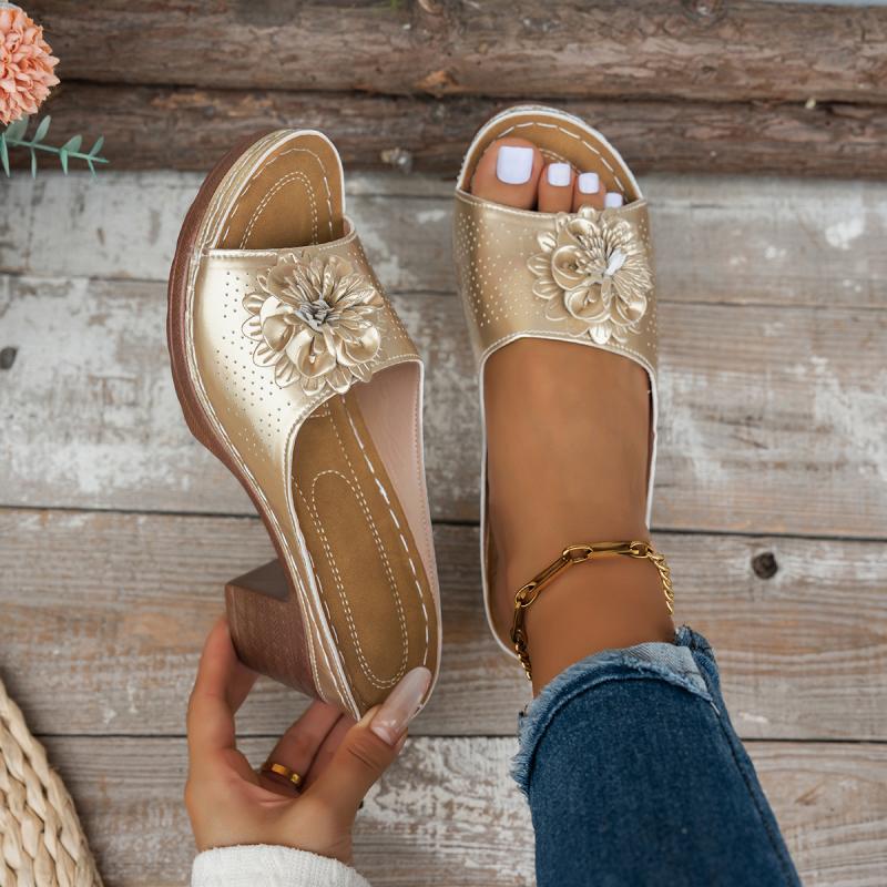 Fashion Vintage Flower Decoration Slip On Sandals Bohemia Breathable Strap High Heels Slippers Women Summer Elegant Soft Sole Slides