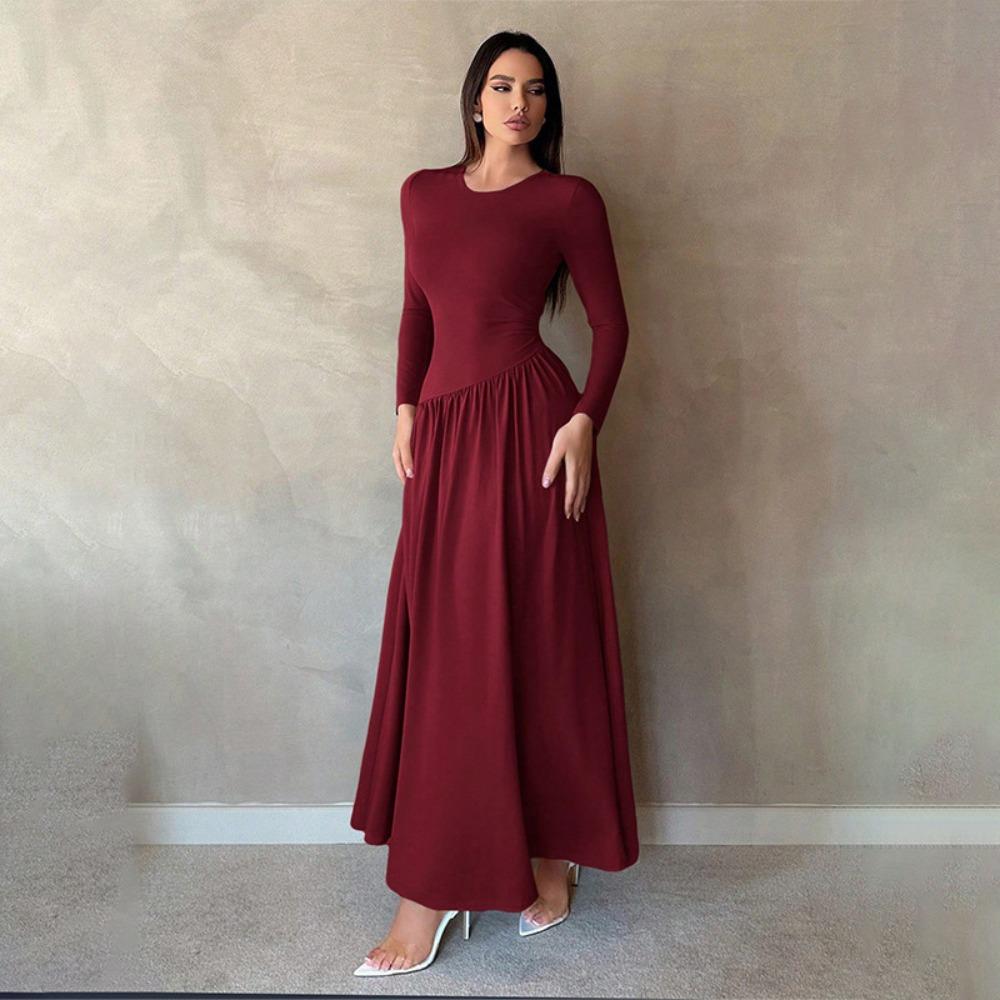 Women's Round Neck Long Sleeve Maxi Dress Loose High Waist Elegant Solid Ruched A Line Dress