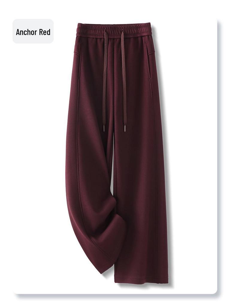 Ancola Women's 2024 Red Fleece-Lined Wide-Leg Sweatpants - Autumn/Winter Casual Straight-Leg Trousers.