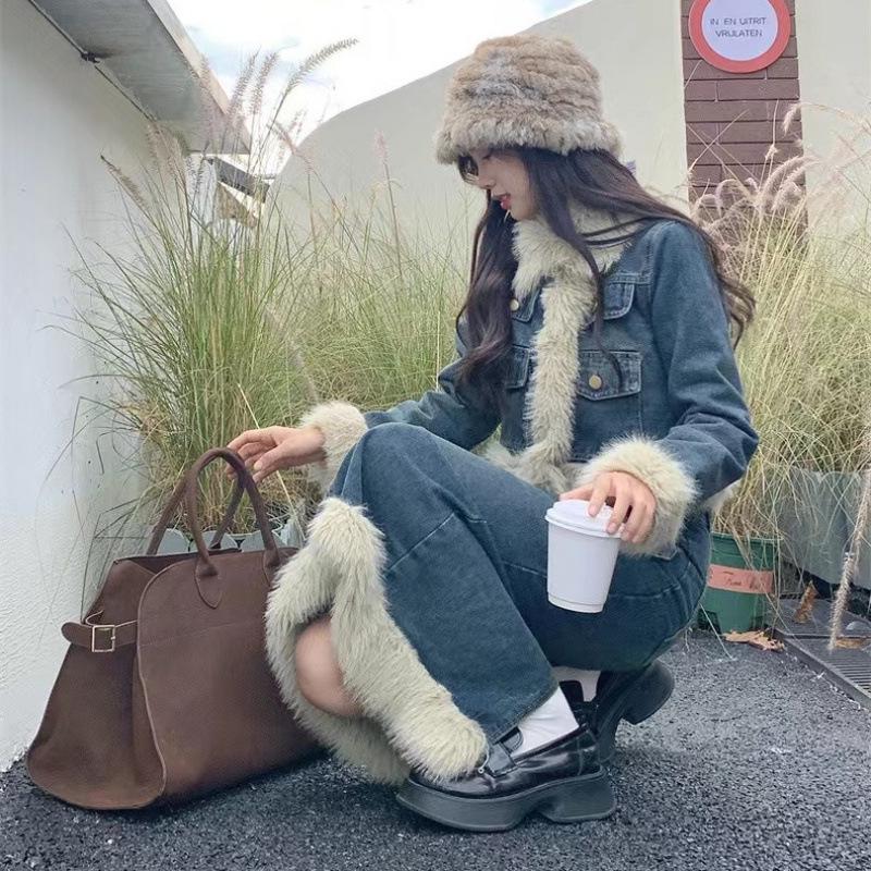 Korean Drama Inspired Retro Denim Fluffy Coat & Long Skirt Two-Piece Set