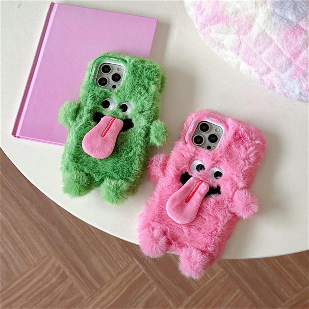 Funny Tongue Sticking Out Plush Mobile Phone Case, Winter Warm Fuzzy Phone Case Cover, Christmas Cute Phone Case For 15