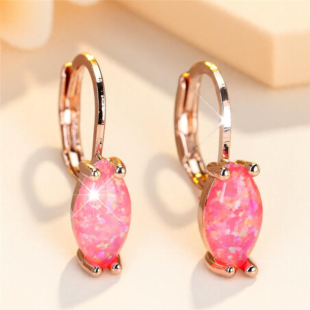 Luxury Blue Pink White  Opal Oval Stone Hoop Earrings For Women Vintage Female Fashion Silver Gold Color Wedding