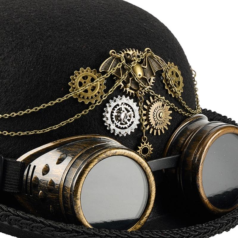 Adjustable Goggles Attached Wool Top Hat Steampunk Magicians Hat Costume Accessory For Men Women Theme Event Dressingup