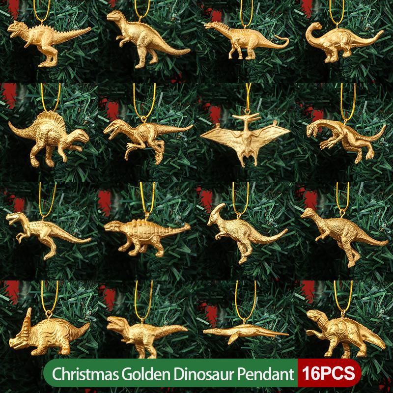 

16 Miniature Golden Dinosaur Shaped Hanging Ornaments; Christmas Tree Hanging Decorations for Party Decoration DIY New Year Home