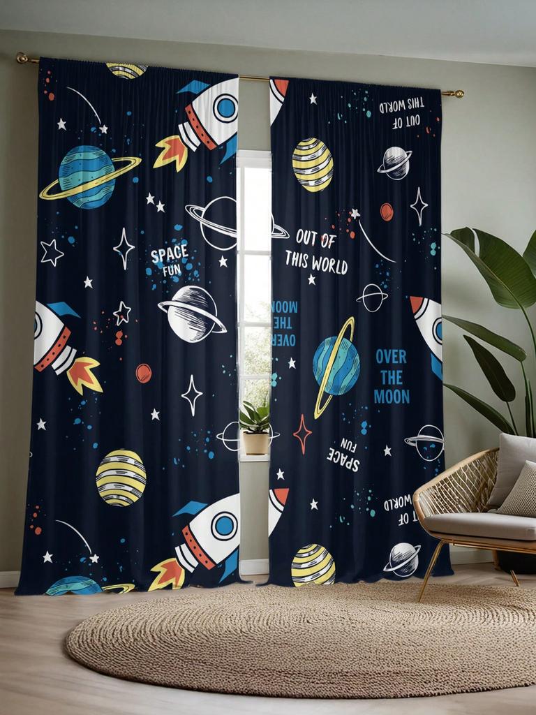 2 stuks Cartoon Ruimteplaneet & Raket Print Gordijnen   Hoge Resolutie Digitale Print Gordijnen   Stangzak Installatie