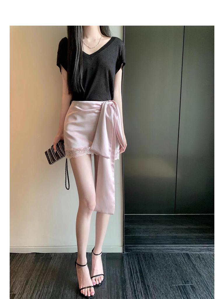 Blumarine French Pure Desire Pink Satin Lace Trim Bow Bodycon Skirt