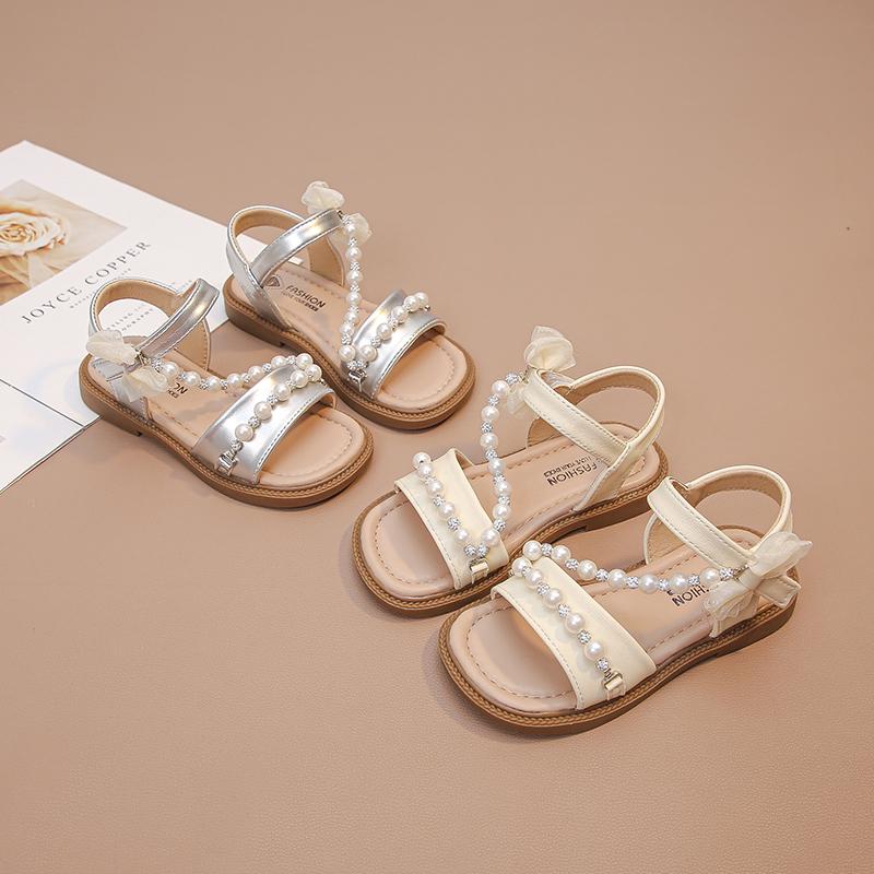 Girls Sandals Open Toes Mesh Lace Bows Kids Beach Shoes Soft Sole Sweet 2025 Summer New Children Princess Shoes Shiny Crystal
