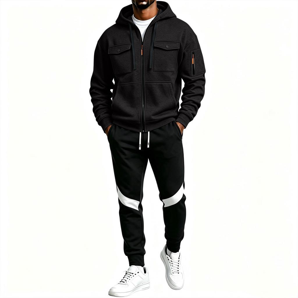 Men's Casual Tracksuit Set with Multi-Pocket Full Zip Hoodie and Black Sweatpants