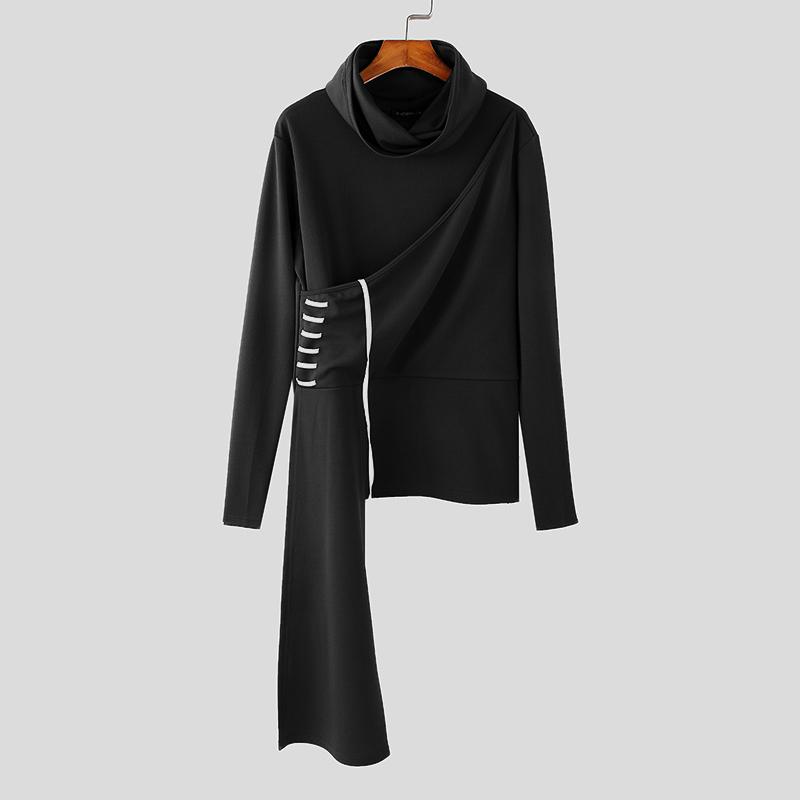 INCERUN Мужские водолазки с длинным рукавом, пэчворк, повседневные, с неровным подолом, рюшами, топы 4XL чёрный