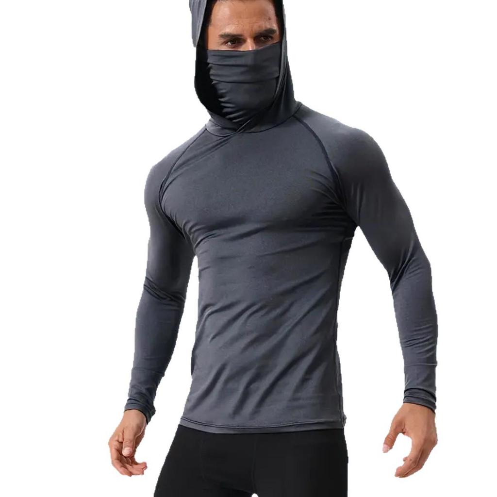 Men's Hooded Sports Compression Suit - Quick-Dry, Breathable, Long-Sleeve for Outdoor Running.