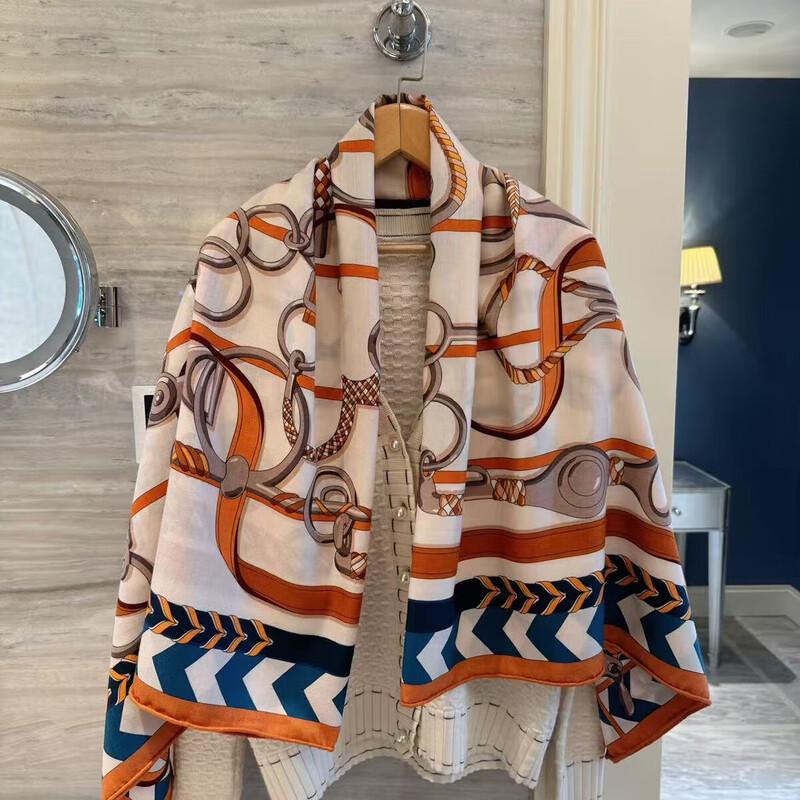 NINA SOLOR Silk Wool Large Square Scarf with Buckle