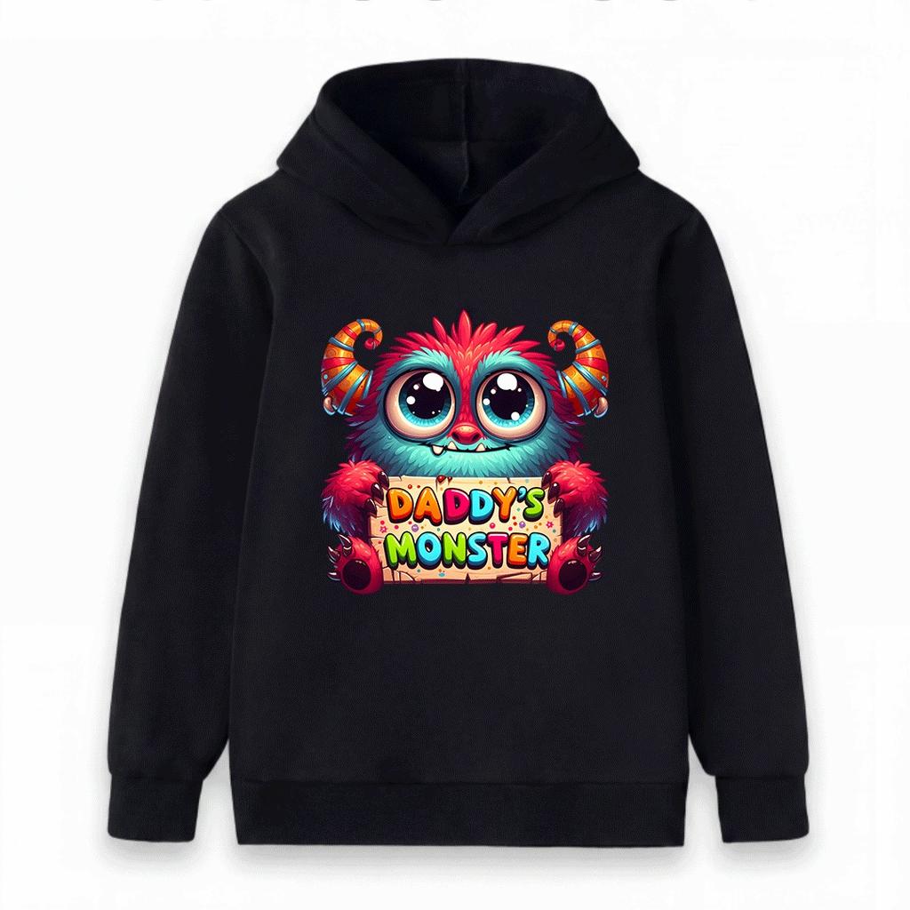 Kids Boys Girls Hoodie Sweatshirt, Cute Fluffy Monster Daddys Monster Pattern Pullover Hooded Top, Soft Casual Long Sleeve Clothes Children Daily Wear