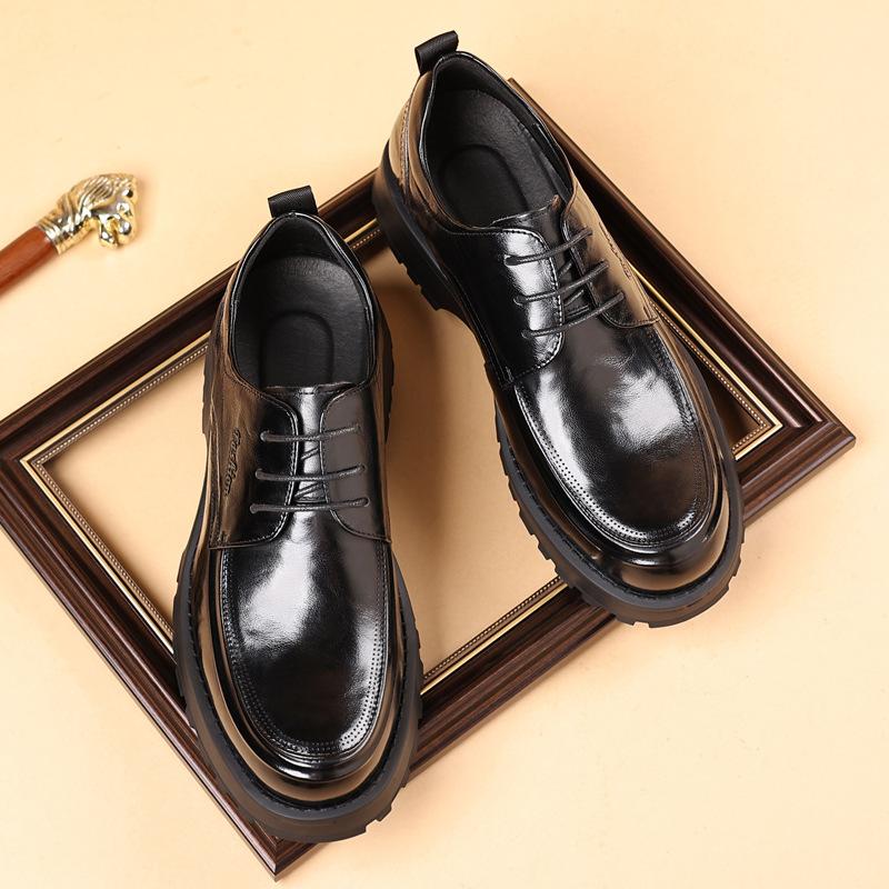 Layer Cowhide New Men's Business Casual Leather Shoes Lightweight Thick Soled Height Increasing Men's Shoes Fashionable Leather Single Shoes for Men