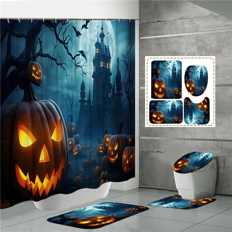HOT Halloween Ghost Pumpkin Skull Shower Curtain Set with Non-Slip Rugs Toilet Lid Cover and Bath Mat Washable Trick or Treat