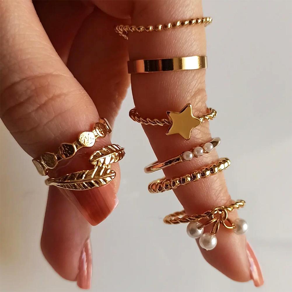 8pcs/set Gold Star Leaf Pearl Rings Personalized Fashionable Rings Set Alloy Rings Women Jewelry Accessories