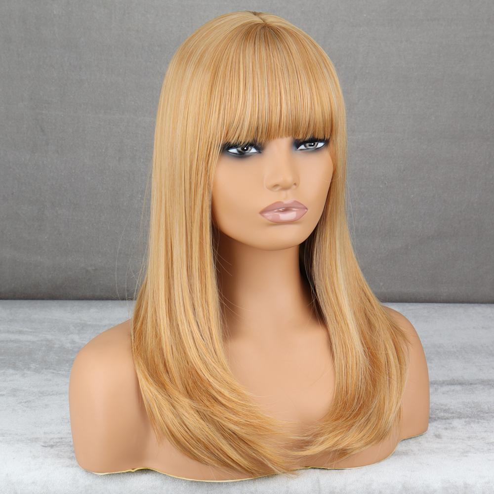 LISI HAIR Long Golden Synthetic Heat Resistant Fiber Wig with Bangs Straight Hair Wigs for Women Cosplay Daily Wear