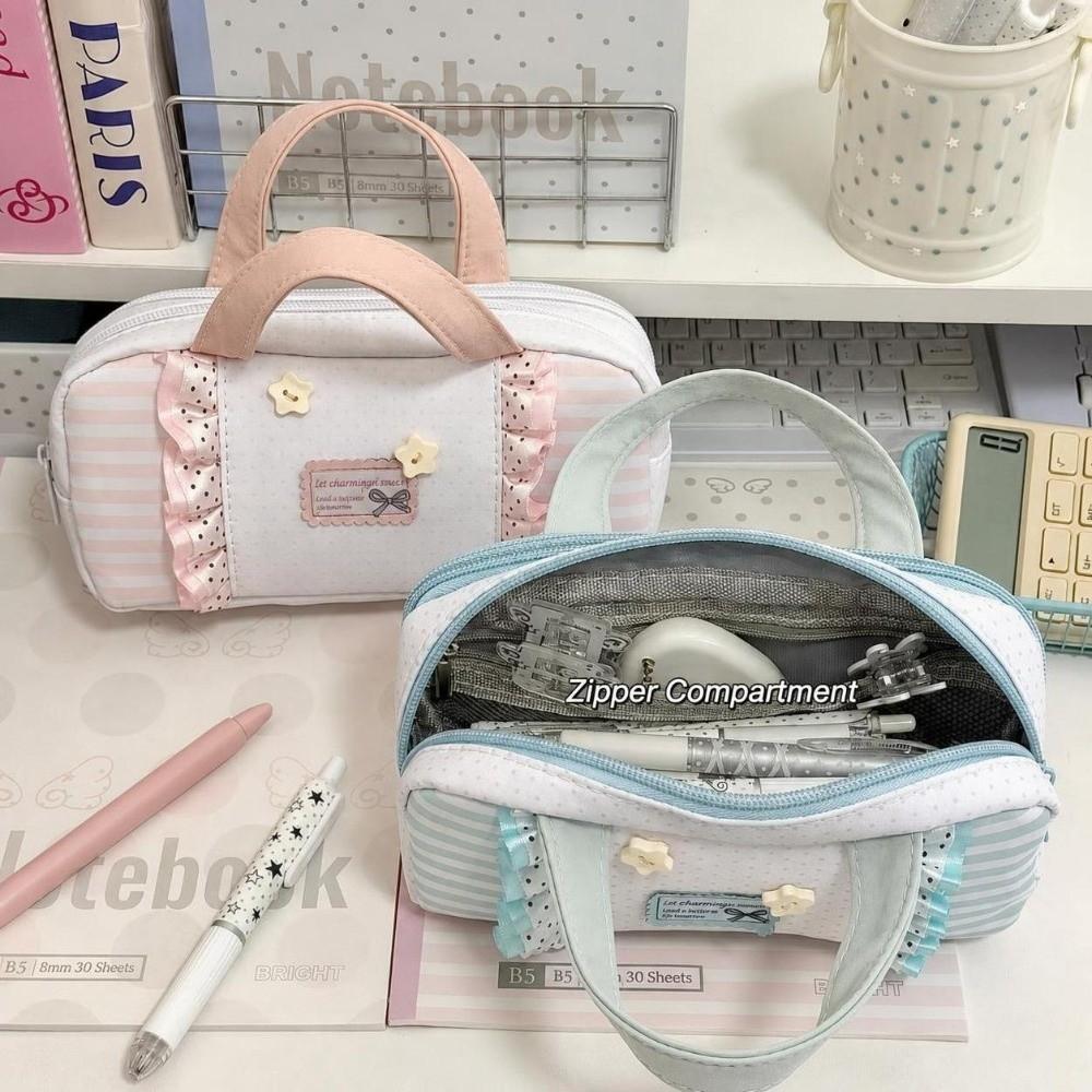 Portable Ruffle Design Pencil Case with Handle Large Capacity Pen Bag Polka Dot Print Stationery Storage Bag Gift