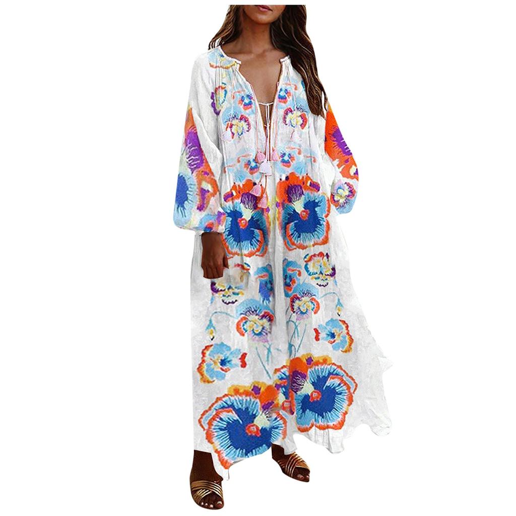 Women's Fashion Casual Bohemian Style V-Neck Long Sleeve Long Dresses Dresses