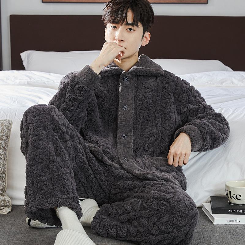 Men's Thick Coral Fleece Stand-Up Collar Zipper Pajamas - Warm Long Sleeve Homewear for Autumn & Winter