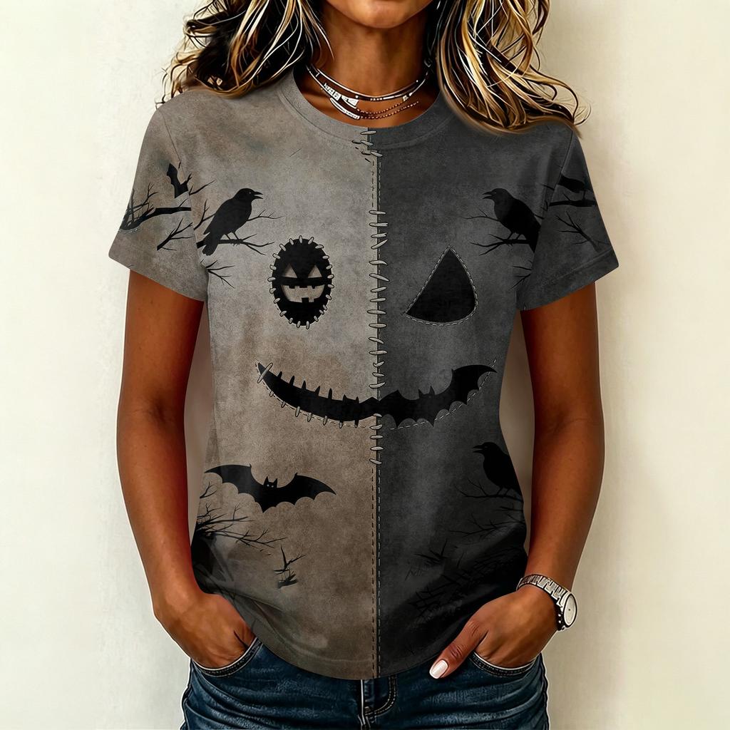 Women Casual Short Sleeve Pullover T Shirt Halloween Print Top Crew Neck Stitch Design Lightweight Soft Fabric Relaxed Fit