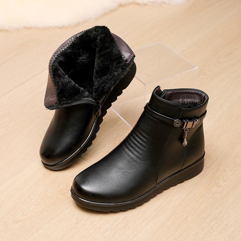 Microfiber leather mother cotton shoes winter velvet warm middle-aged and elderly women flat boots non-slip side zipper for the elderly