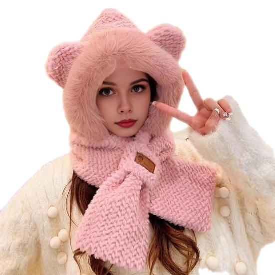 Women Winter Integrated Hat And Scarf Thick Fleece Warm Cartoon Fox Ear Decor Windproof