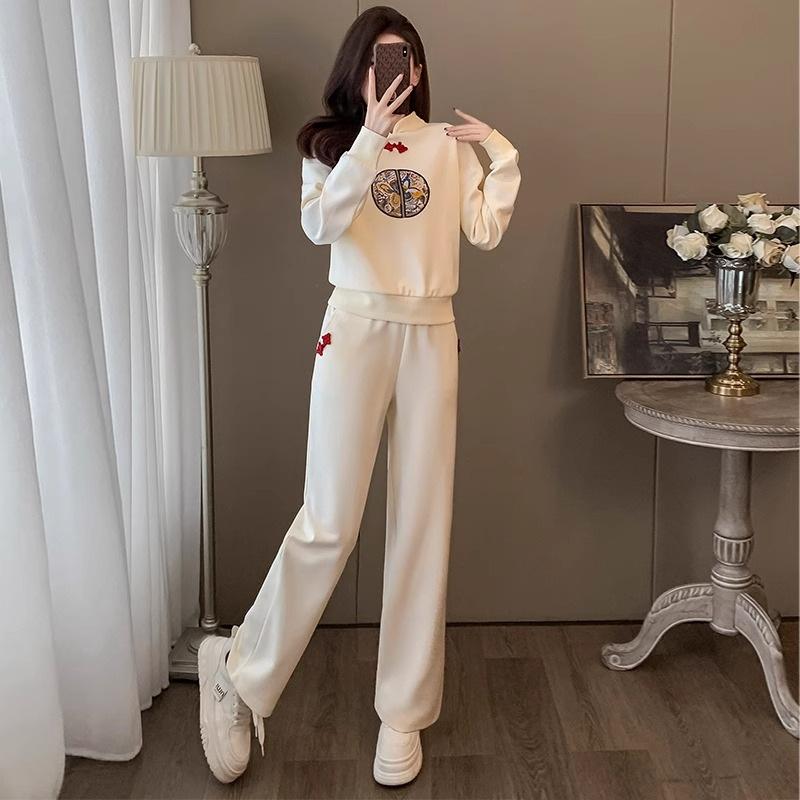 

Раннеосенний костюм для женщин абрикосового цвета, модный, высококлассный, в китайском стиле, повседневный спортивный свитшот, широкие брюки, комплект из двух предметов 3XL