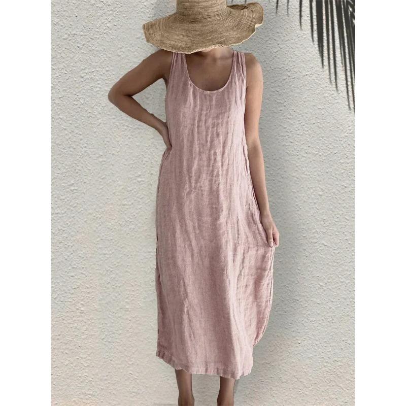 Women Comfortable Casual Linen Dresses Summer Solid Color Side Pockets Dress O Neck Pullover Sleeveless Gown