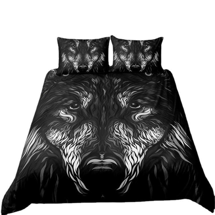 Wolf Howl Under The Moon Three-Piece 3D Digital Printing Quilt Cover Pillowcase Bedding