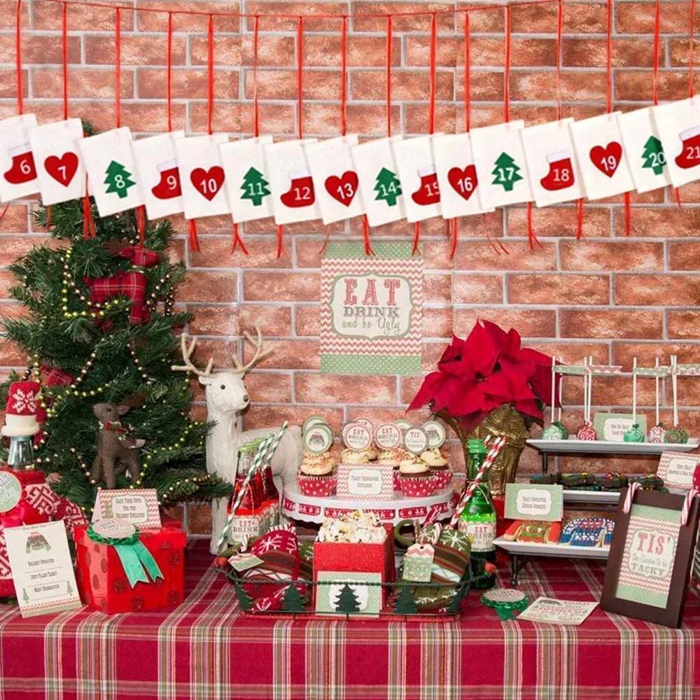 24 ST Festlig dragpåse Julparty presentpåse med numrerade etiketter Adventskalender i filt Nedräkningsdekoration