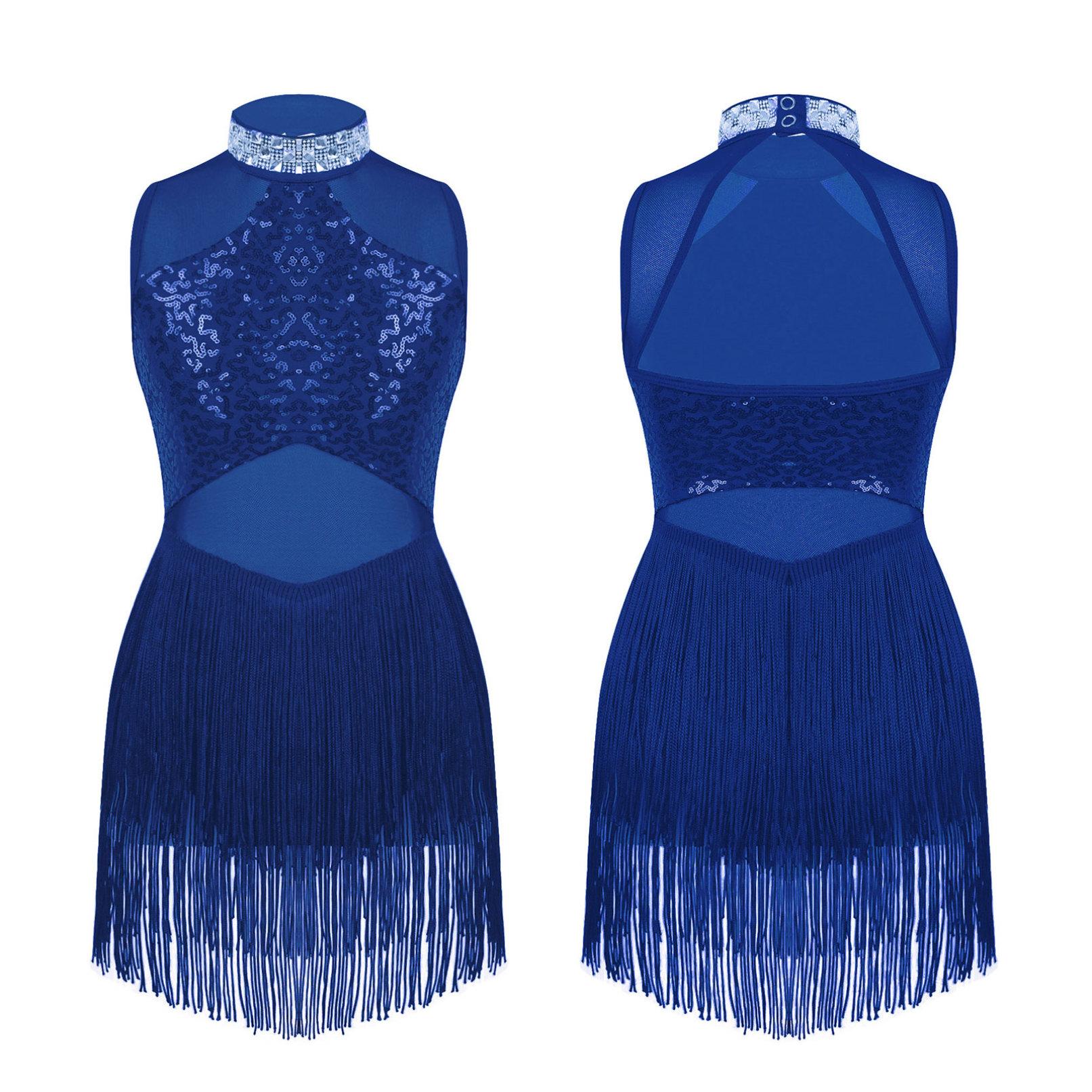 

Блискуча сукня для джазового танцю зі стразами та блискітками для дівчаток Прозора сітчаста сукня з китицями Подол Балетні трико для катання на ковзанах Сукні для сценічного виступу Танцювальний одяг 11-12 Years королівський синій колір