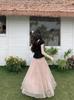 Women's Pink Polka Dot Mesh A-Line Skirt Set: High-Waisted, Slimming, Long Skirt for Early Summer.