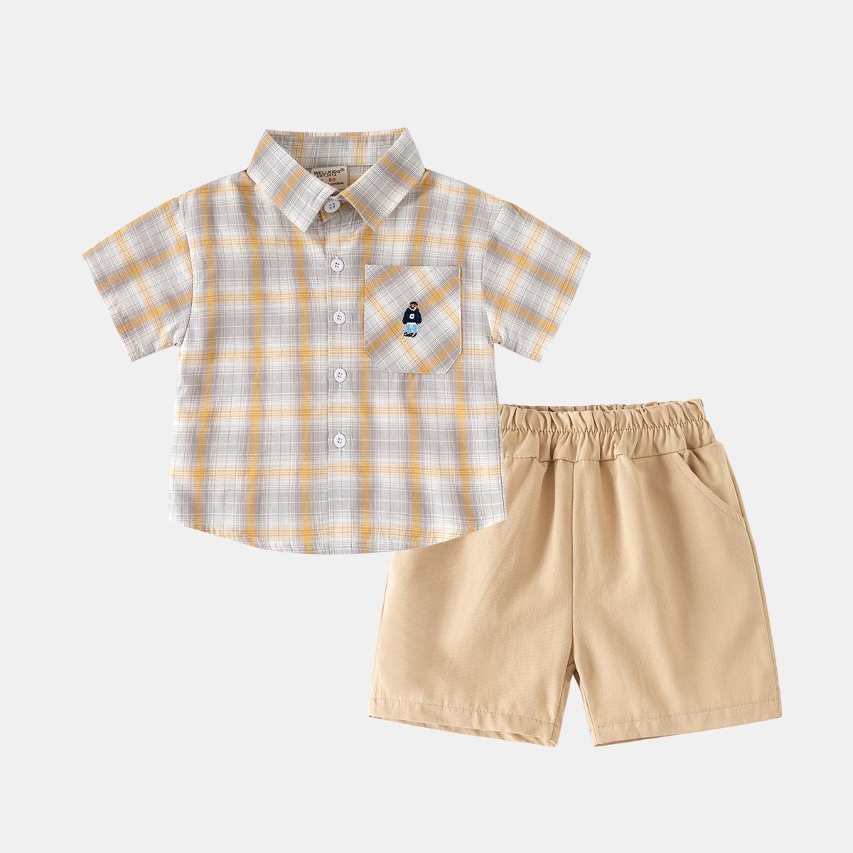 Summer 2026 Boys  Plaid Lapel Short Sleeve Shirt & Shorts Set 100 cm