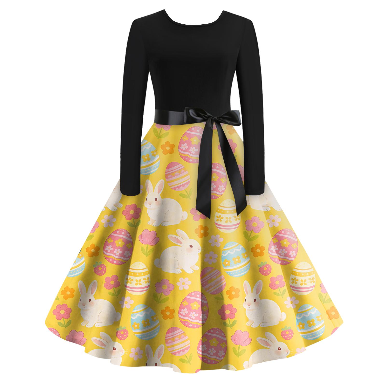 

Жіноча повсякденна мода Сукня ретро з різдвяним принтом з круглим вирізом та довгим рукавом XL жовтий