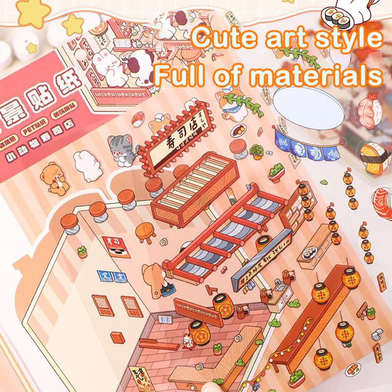 1Set Cute Three-Dimensional Handbook Stickers Miniature Scene Stickers Cartoon Pocket Cabin Scene Stacking Pasting Stickers