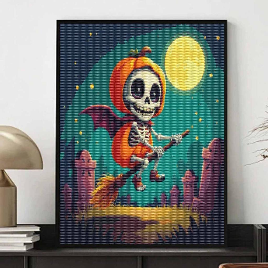 Pumpkin Skeleton Witch 5D Diamond Full Diamond Art Painting Kit Diamond Painting Home Decor Moonscape Wall Art DIY Craft Gift